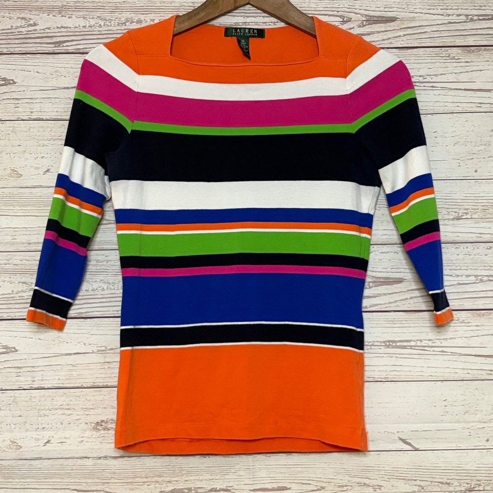 Lauren Ralph Lauren Multi Color Striped Square Neck 3/4 Sleeve Top XS‎